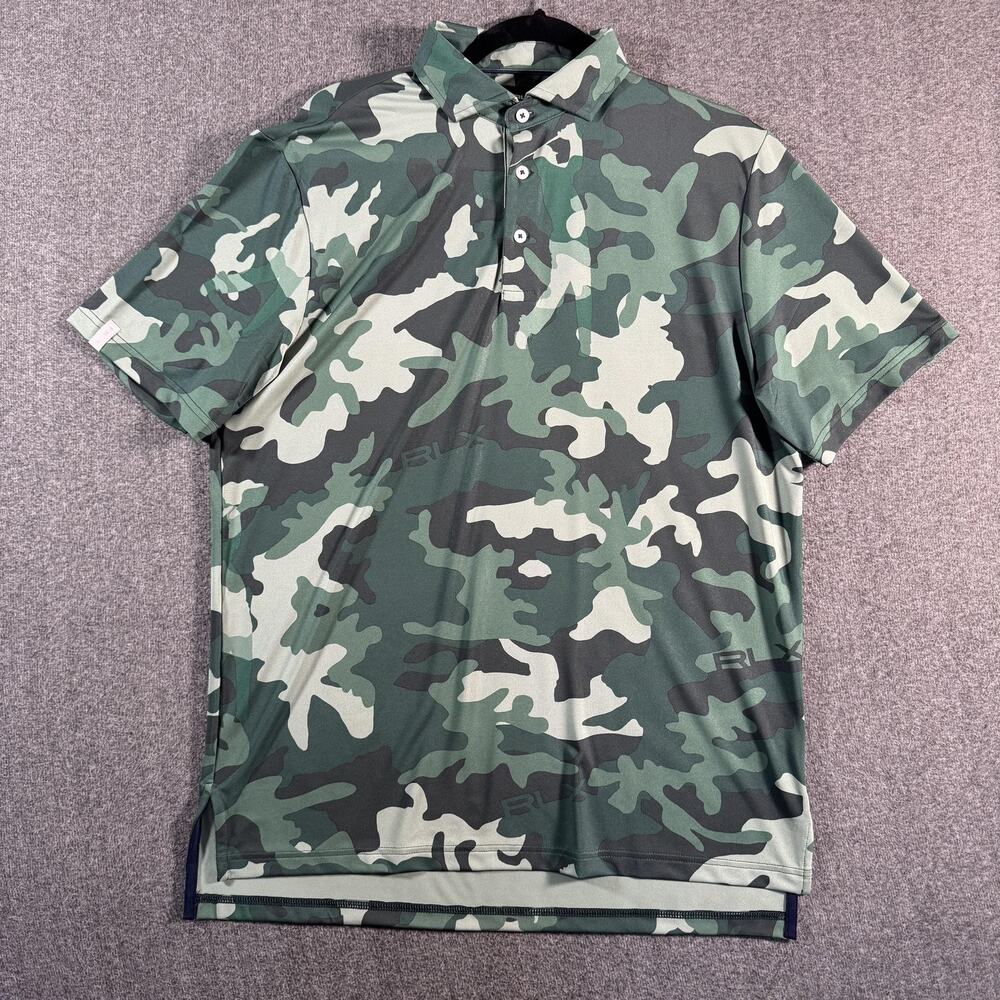 RLX Ralph Lauren Polo Shirt Mens Medium Green Camo Golf Wicking Stretch Tech